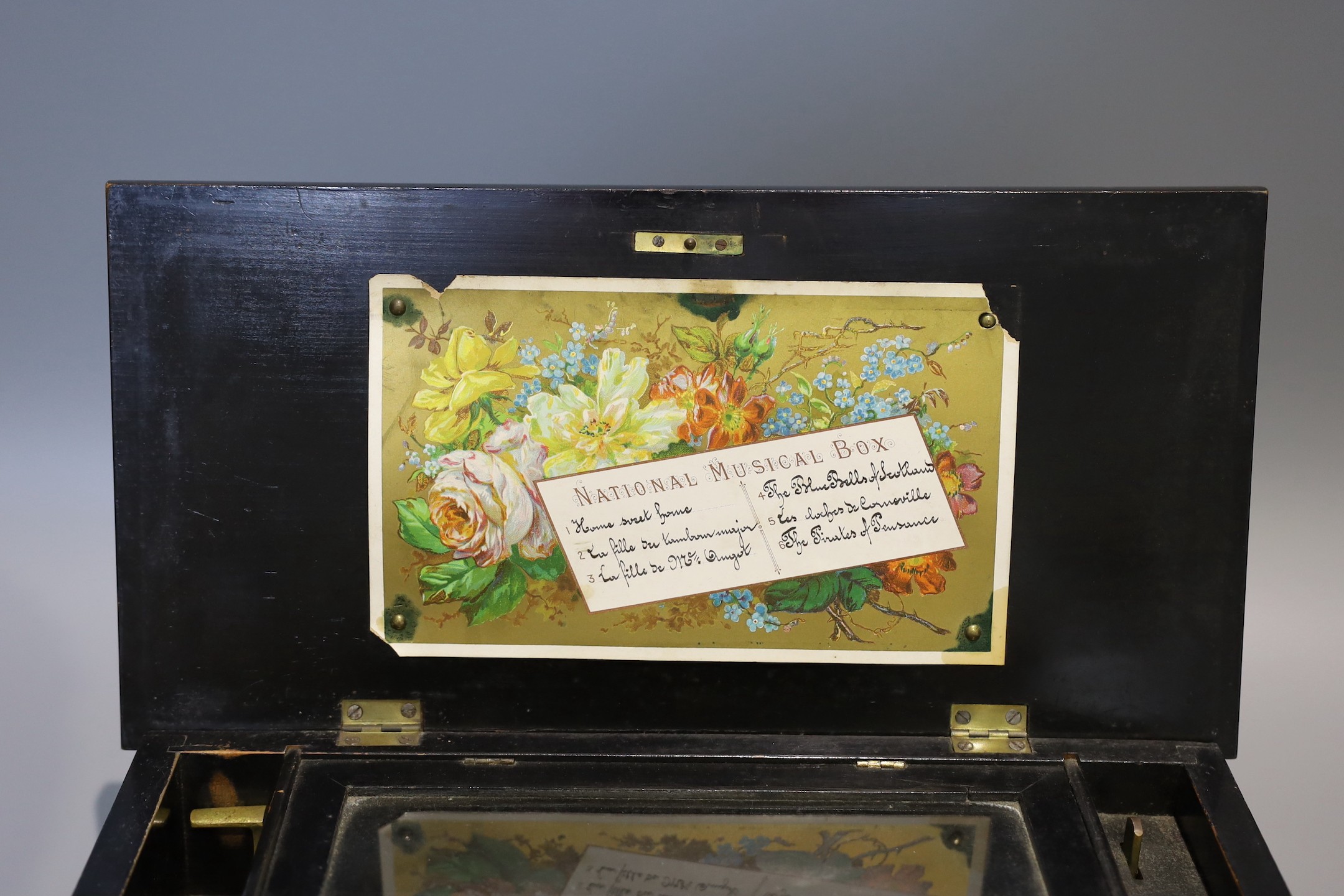 A late 19th century Swiss six air music box with 15.5cm cylinder, faux rosewood cased